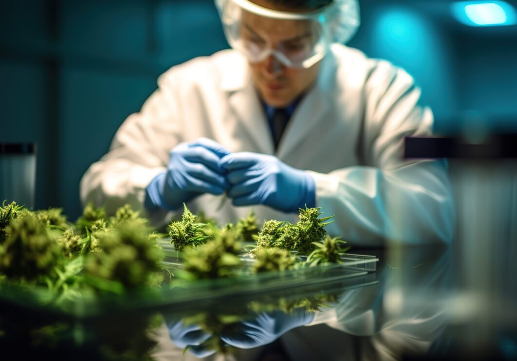 Medicinal cannabis lab, close up, focus on foreground. Generative AI